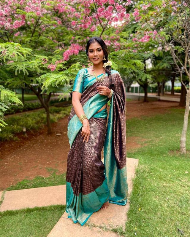 Banarasi Silk Blend Saree  (Dark Blue, Light Blue)
