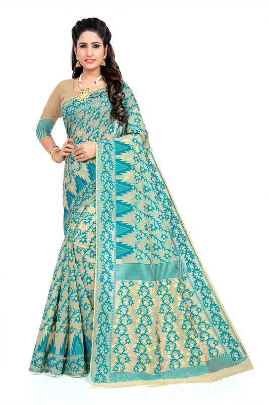 Self Design Jamdani Cotton Silk Saree  (Beige)