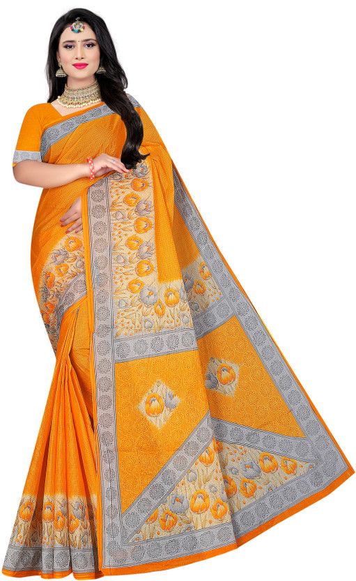Floral Print Daily Wear Pure Cotton Saree  (Yellow)