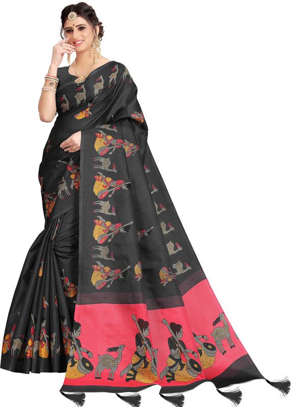 Printed Madhubani Silk Blend, Cotton Blend Saree  (Black)