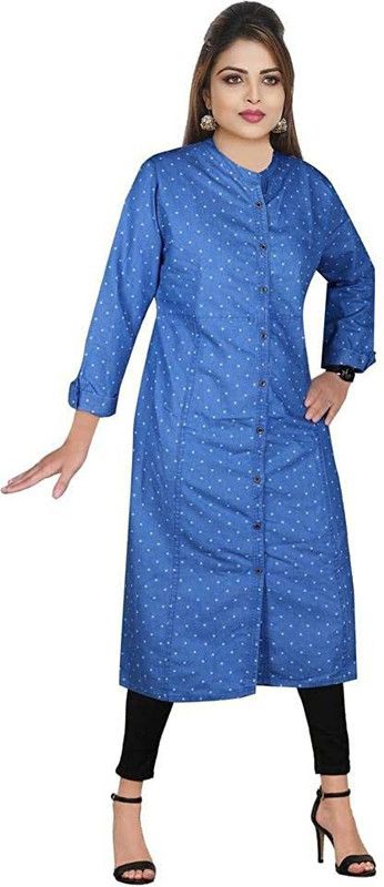 Women Polka Print Cotton Blend Straight Kurta  (Light Blue)
