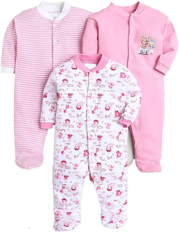 Romper For Baby Boys & Baby Girls Printed Cotton Blend  (Pink, Pack of 3)