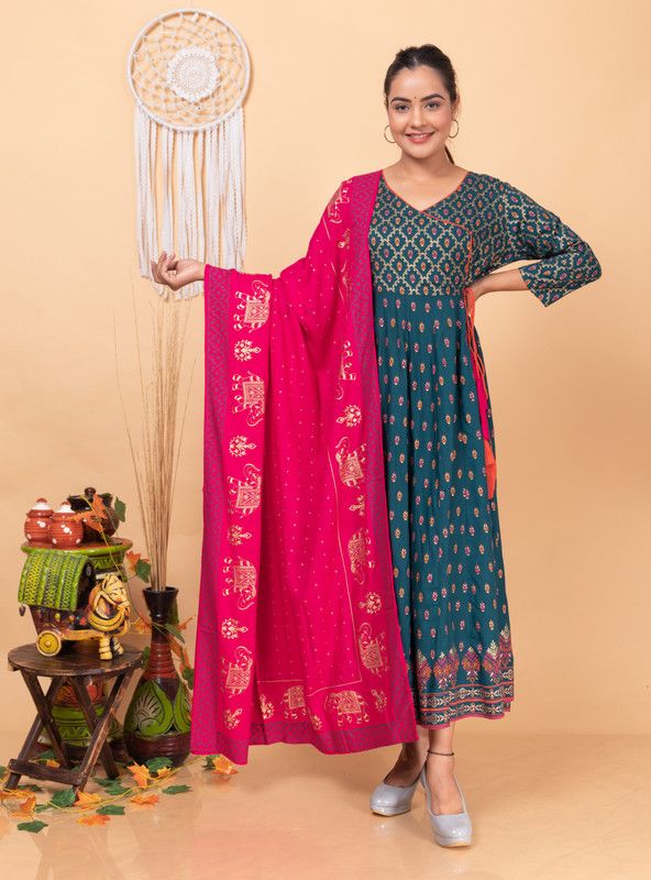 Women Viscose Rayon Gown and Dupatta Set