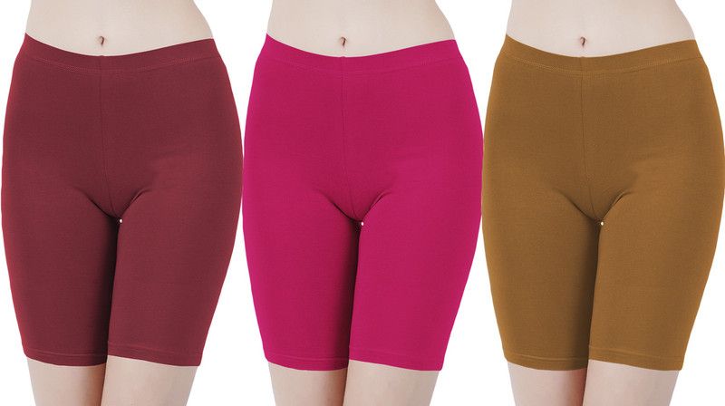 Pack of 3 Solid Women Maroon, Pink, Khaki Cycling Shorts