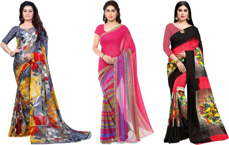 Paisley, Ombre, Geometric Print, Floral Print Daily Wear Georgette Saree  (Pack of 3, Pink, Black, Grey)