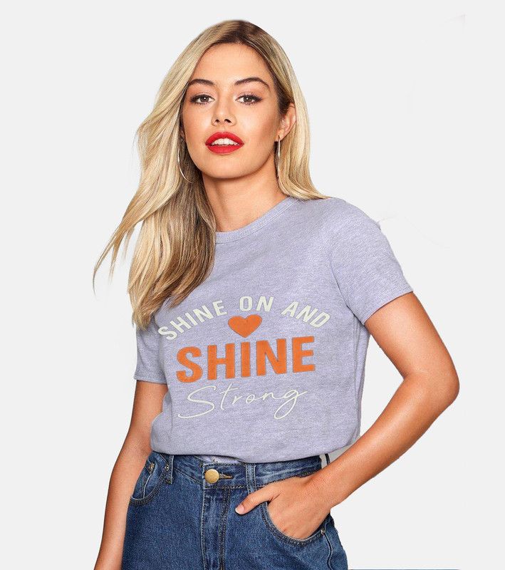 Women Typography Round Neck Cotton Blend Grey, Brown T-Shirt