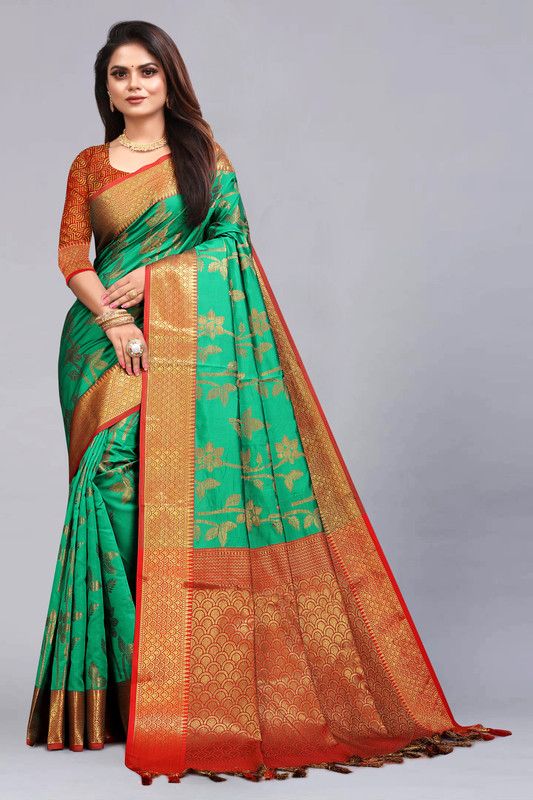 Self Design, Embroidered, Paisley Banarasi Cotton Blend Saree  (Green)