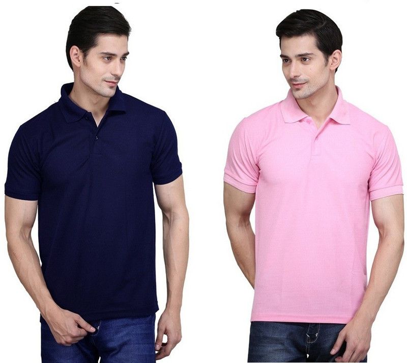 Pack of 2 Men Solid Polo Neck Cotton Blend Pink, Navy Blue T-Shirt