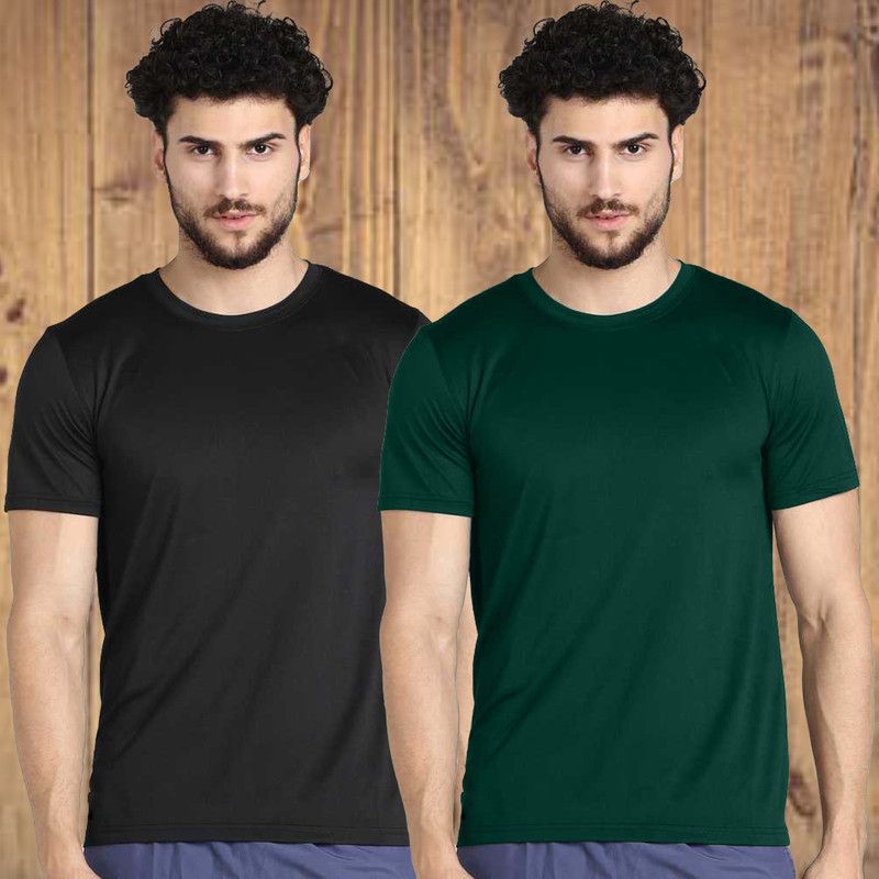 London Hills Men's Polyester Round Neck Black, Green Solid T-Shirt (Pack of 2)