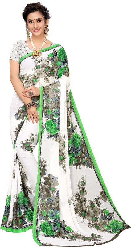 Printed Fashion Georgette Saree  (Green, White)