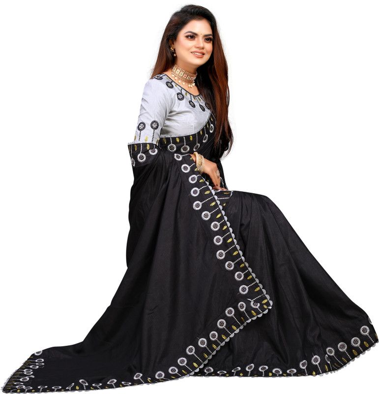 Embroidered Bollywood Pure Cotton Saree  (Dark Blue)