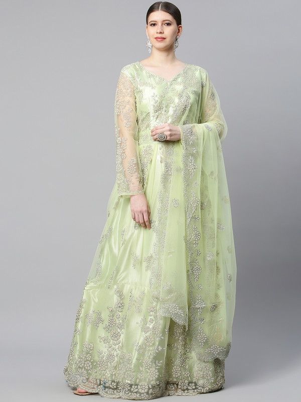 Floral Print Net Semi Stitched Anarkali Gown  (Light Green)