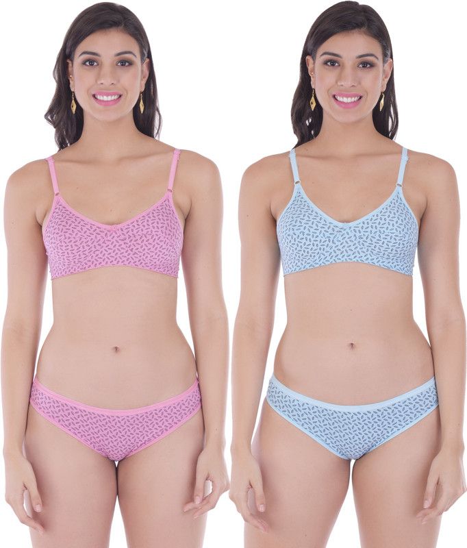 Bra & Panty Set Printed Pink, Light Blue Lingerie Set