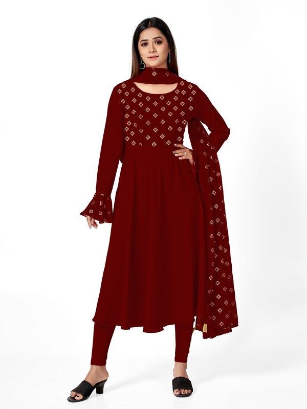 Women Printed Crepe Anarkali Kurta  (Maroon)