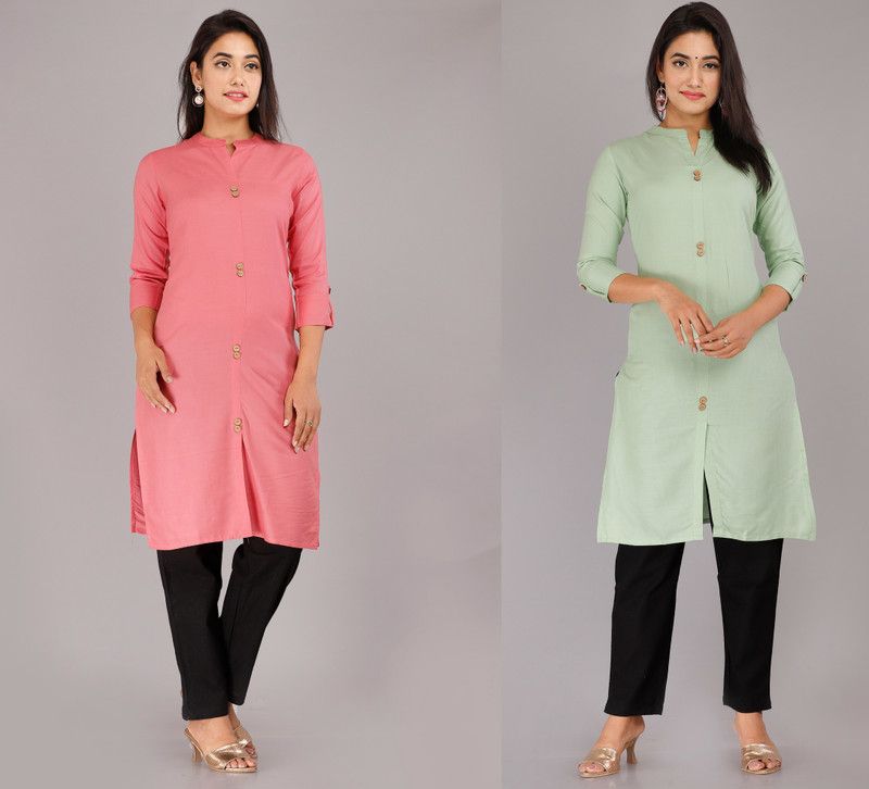 Pack of 2 Women Solid Viscose Rayon Straight Kurta  (Black, Light Green)