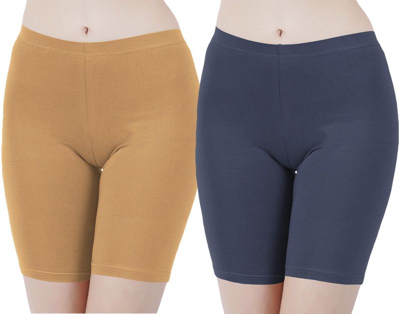 Pack of 2 Solid Women Brown, Blue Cycling Shorts