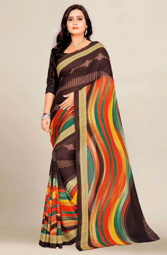 Graphic Print Garad Crepe Saree  (Brown)
