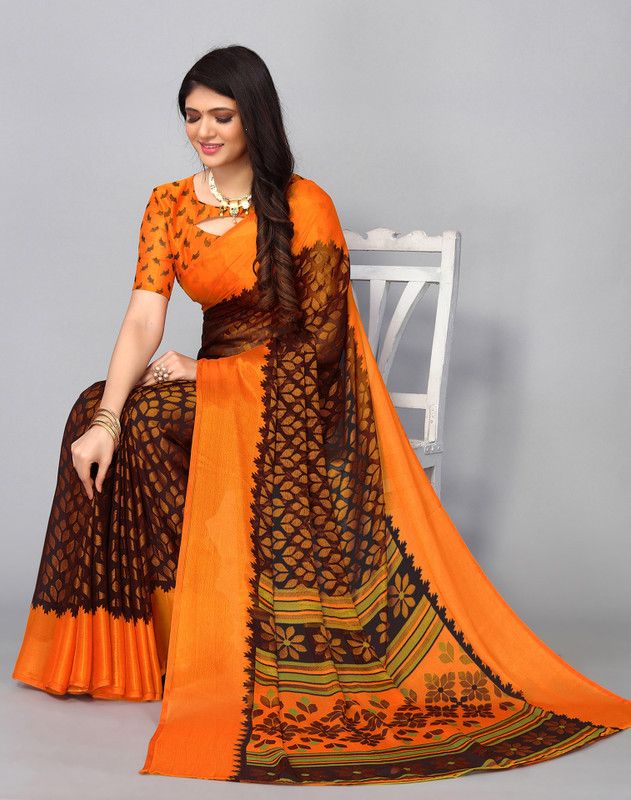 Woven, Paisley, Self Design, Polka Print, Floral Print, Geometric Print Mysore Brasso Saree  (Brown)