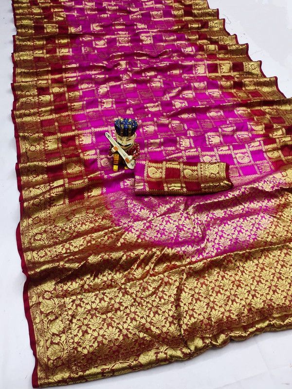 Fashion Art Silk Saree  (Pink, Red)