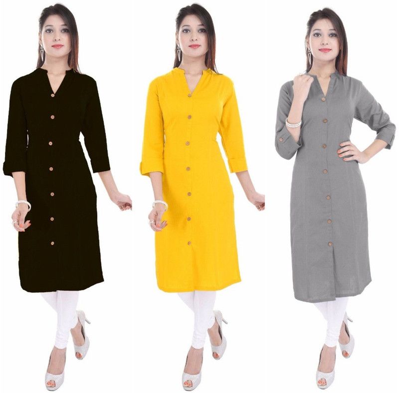 Pack of 3 Women Solid Cotton Blend Frontslit Kurta  (Black, Grey, Yellow)