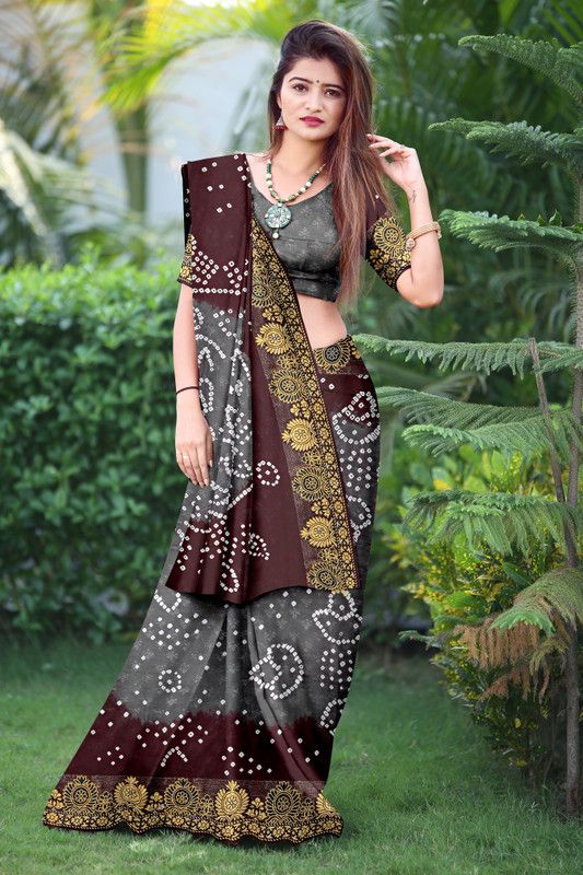 Hand Painted Bandhani Art Silk Saree  (Maroon, Grey)