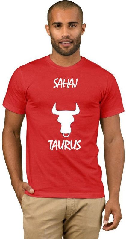 Sahaj Zodiac Taurus Style Fashion V04 Men Printed Round Neck Cotton Blend Red, White T-Shirt
