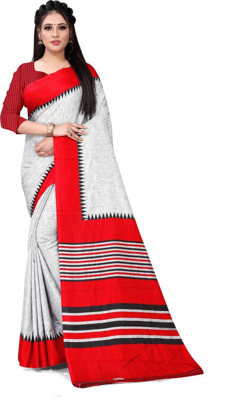 Striped Bollywood Cotton Blend Saree  (Cream)