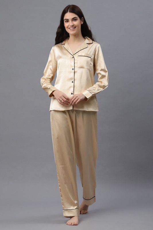 Women Shirt & Pyjama set Gold Solid