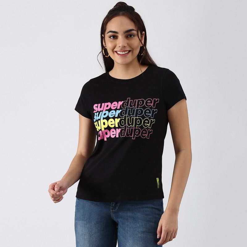 Women Printed Crew Neck Pure Cotton Black T-Shirt