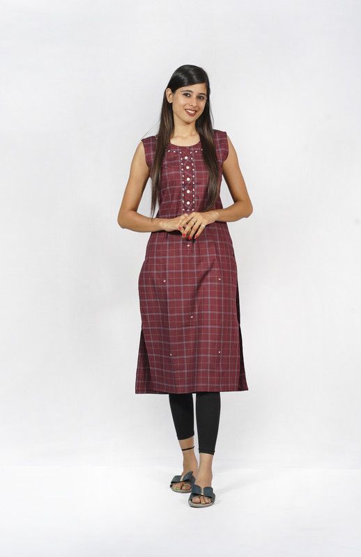 Women Checkered Cotton Silk Ethnic Dress  (Maroon, White, Blue)
