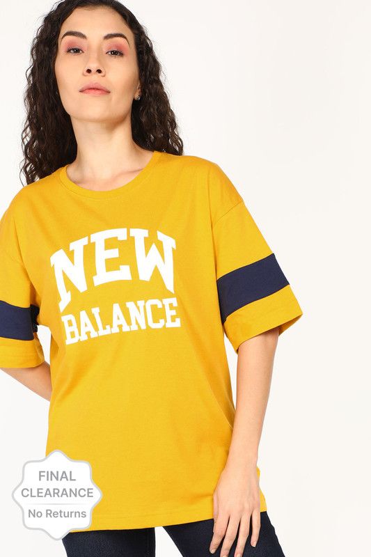 NB Classic Tee Women Printed Round Neck Cotton Blend Yellow T-Shirt