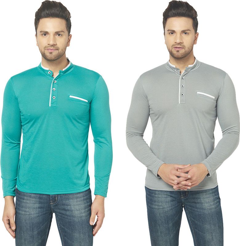 Pack of 2 Solid Combo of Two Henley Neck T-Shirt Men Solid Henley Neck Cotton Blend Grey, Light Green T-Shirt