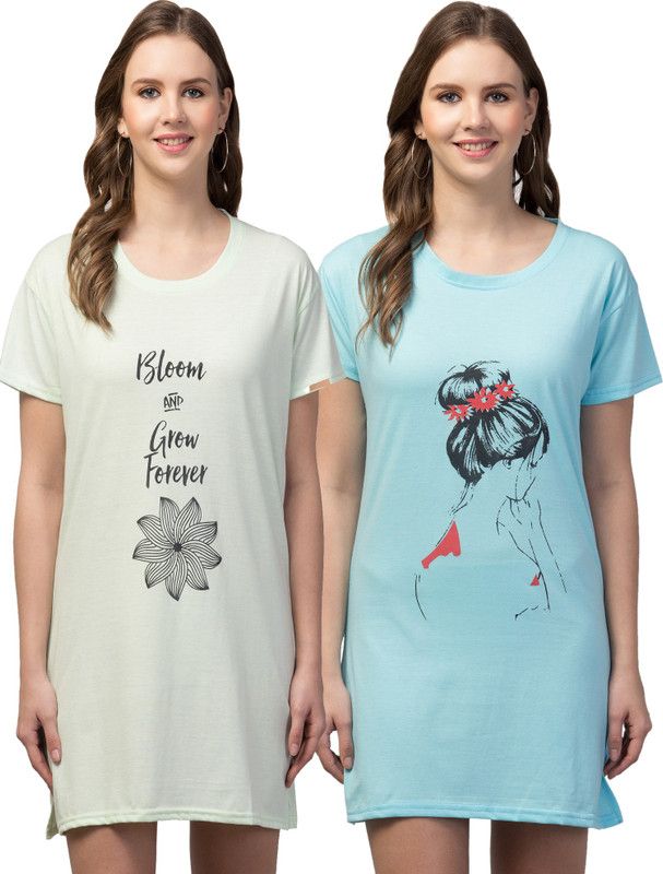 Pack of 2 Women Nightshirts  (Light Green, Blue)