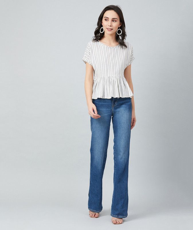 Casual Roll Up Sleeves Striped Women White, Yellow Top