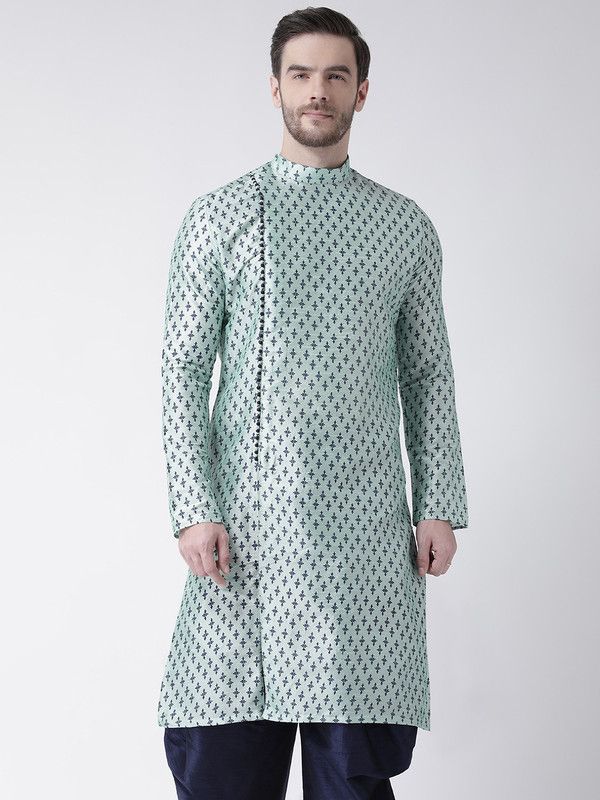 Men Printed Dupion Silk Straight Kurta  (Light Green)
