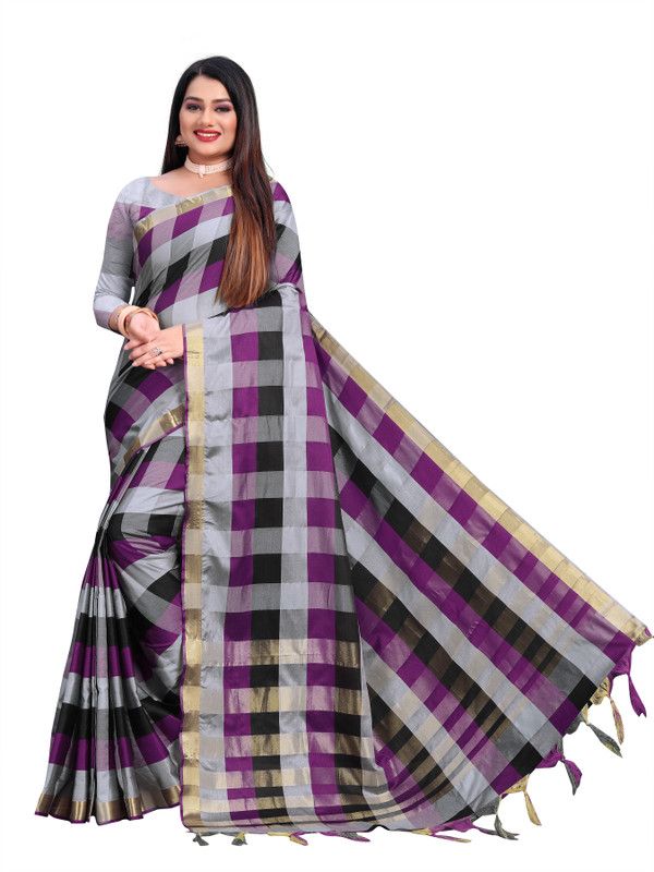 Checkered Daily Wear Tussar Silk Saree  (Grey, Black, Purple)