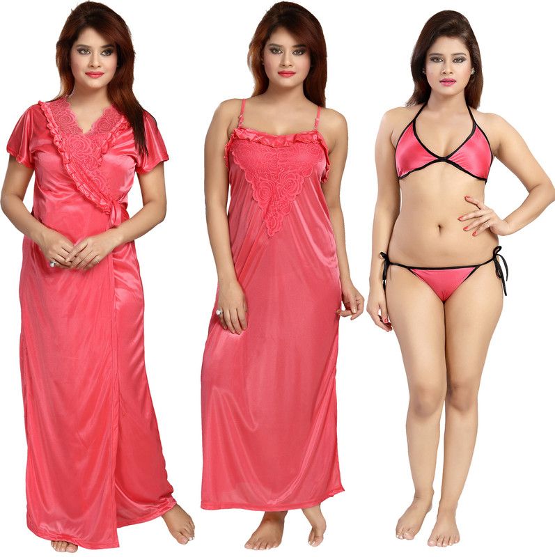 Pack of 4 Women Robe and Lingerie Set  (Pink)