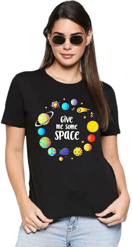 Give me Some Space Women's Graphic Printed Cotton Tees Regular Fit T-Shirt Black Women Graphic Print Round Neck Pure Cotton Black T-Shirt