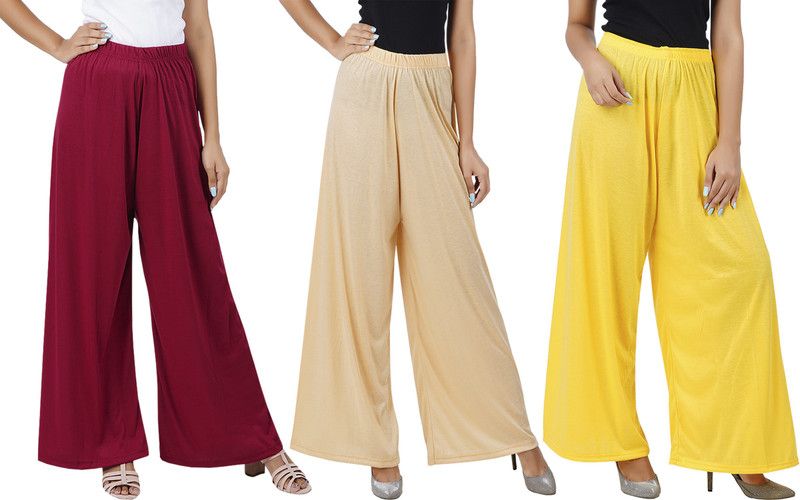 Pack of 3 Women Flared Maroon, Beige, Yellow Cotton Blend Trousers