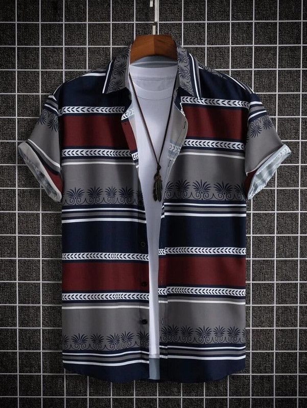 Men Regular Fit Printed, Striped Mandarin Collar Casual Shirt
