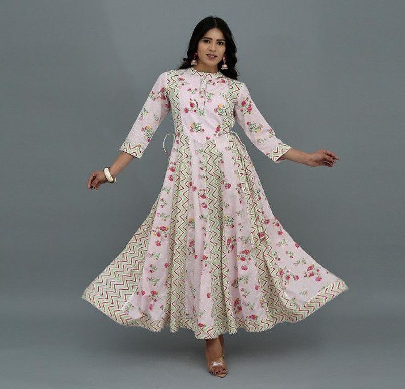 Women Block Print Pure Cotton Ethnic Dress  (Green, Pink, Yellow)