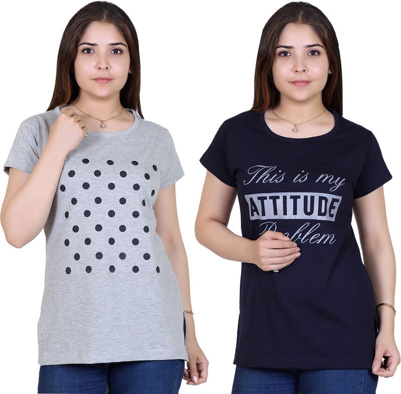 Printed Women Dark Blue, Grey T-Shirt