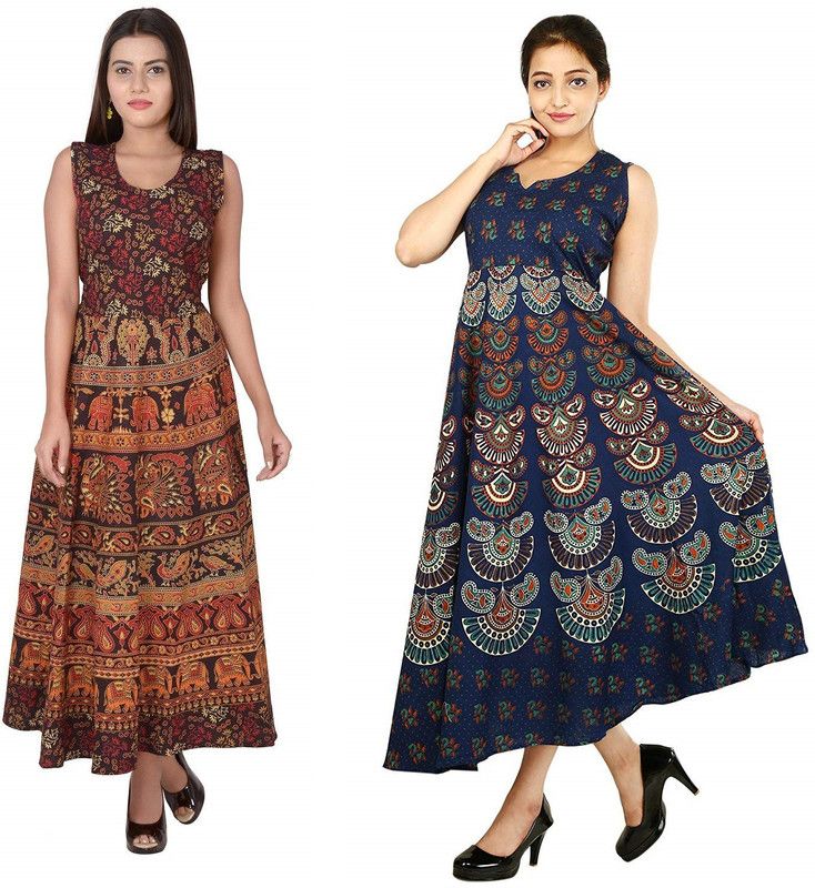 Women Maxi Brown, Green Dress