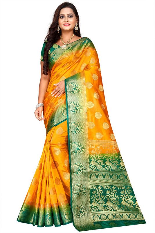 Kanjivaram Art Silk Saree  (Green, Yellow)
