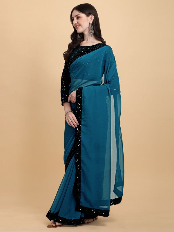 Embellished Bollywood Georgette Saree  (Blue)
