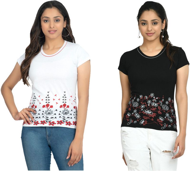Pack of 2 WCT01 Women Printed Round Neck Cotton Blend Multicolor T-Shirt