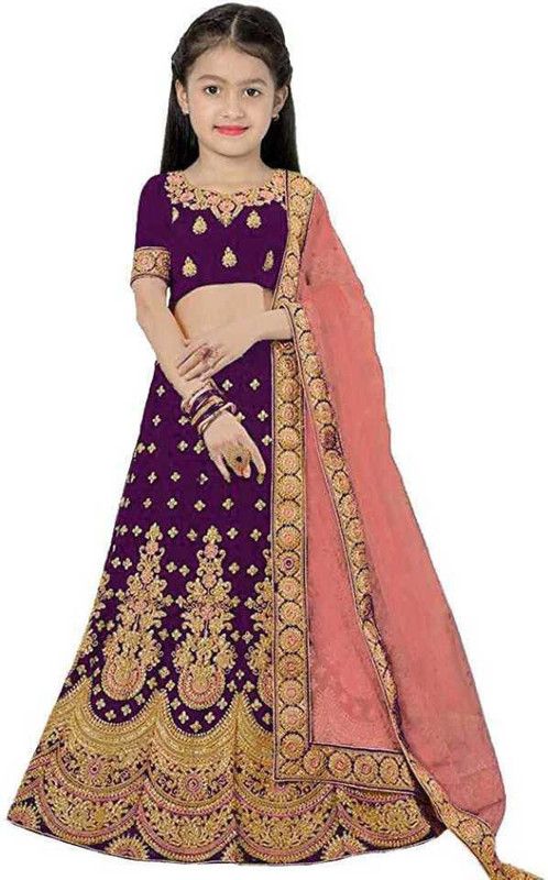 Girls Lehenga Choli Ethnic Wear, Party Wear, Fusion Wear Embroidered Lehenga, Choli and Dupatta Set  (Purple, Pack of 1)