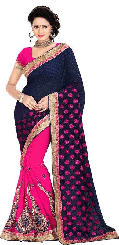 Embroidered Bollywood Handloom Georgette, Brasso Saree  (Blue, Pink)