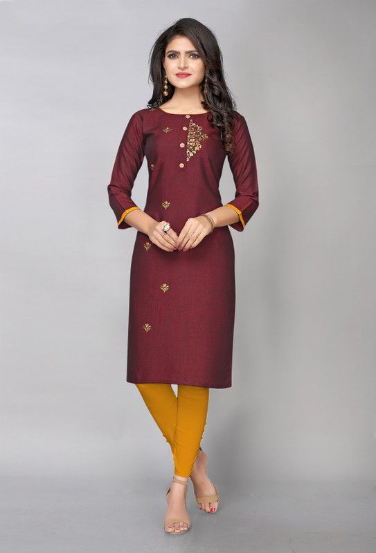 Women Embroidered Cotton Blend Straight Kurta  (Red)