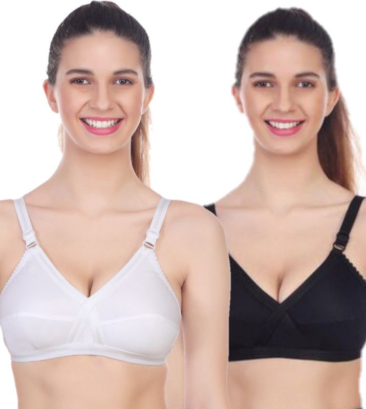 Pack of 2 Women Full Coverage Non Padded Bra  (Black, White)